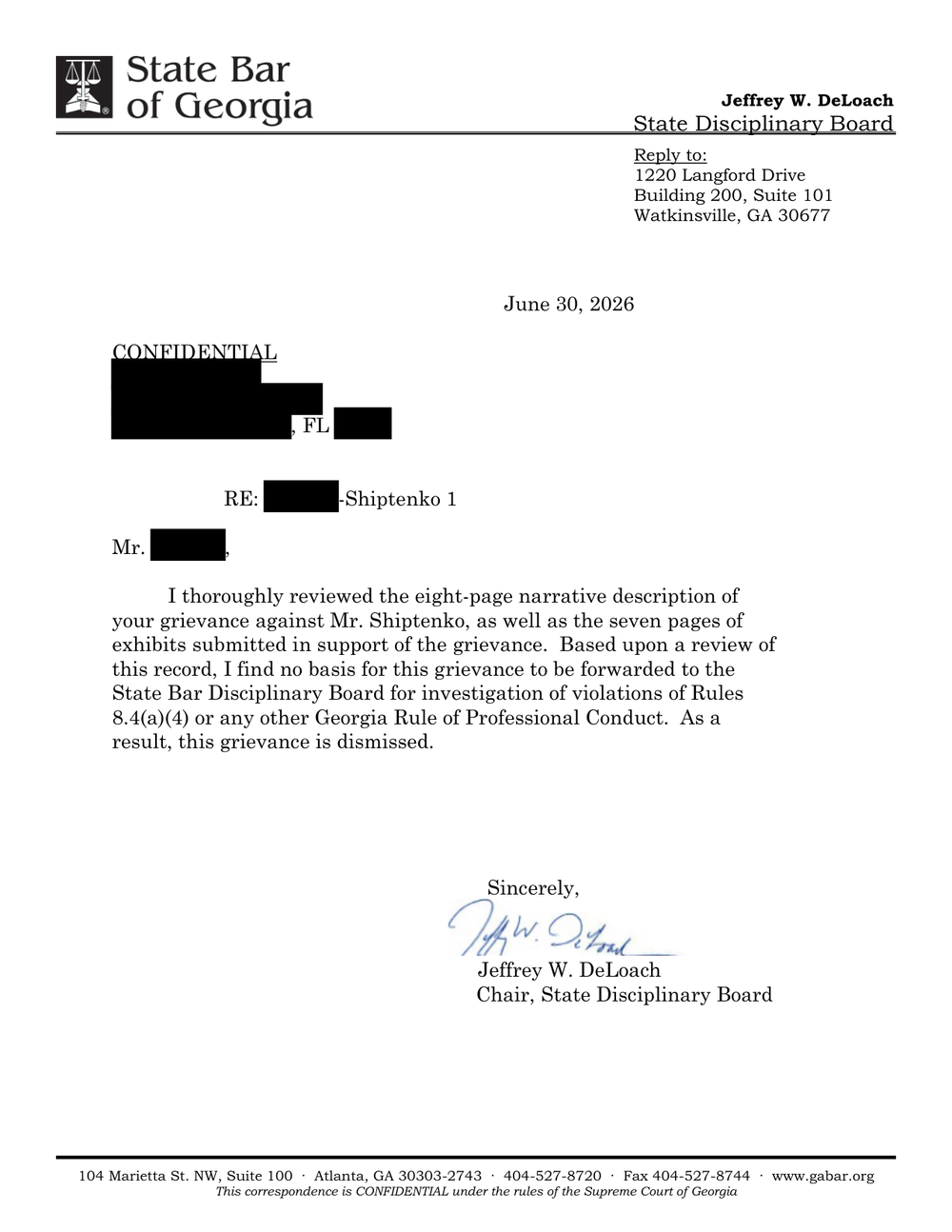 State Bar of Georgia email, received June 30, 2026: The Bar dismissed my grievance against its ADA contact, John J. Shiptenko