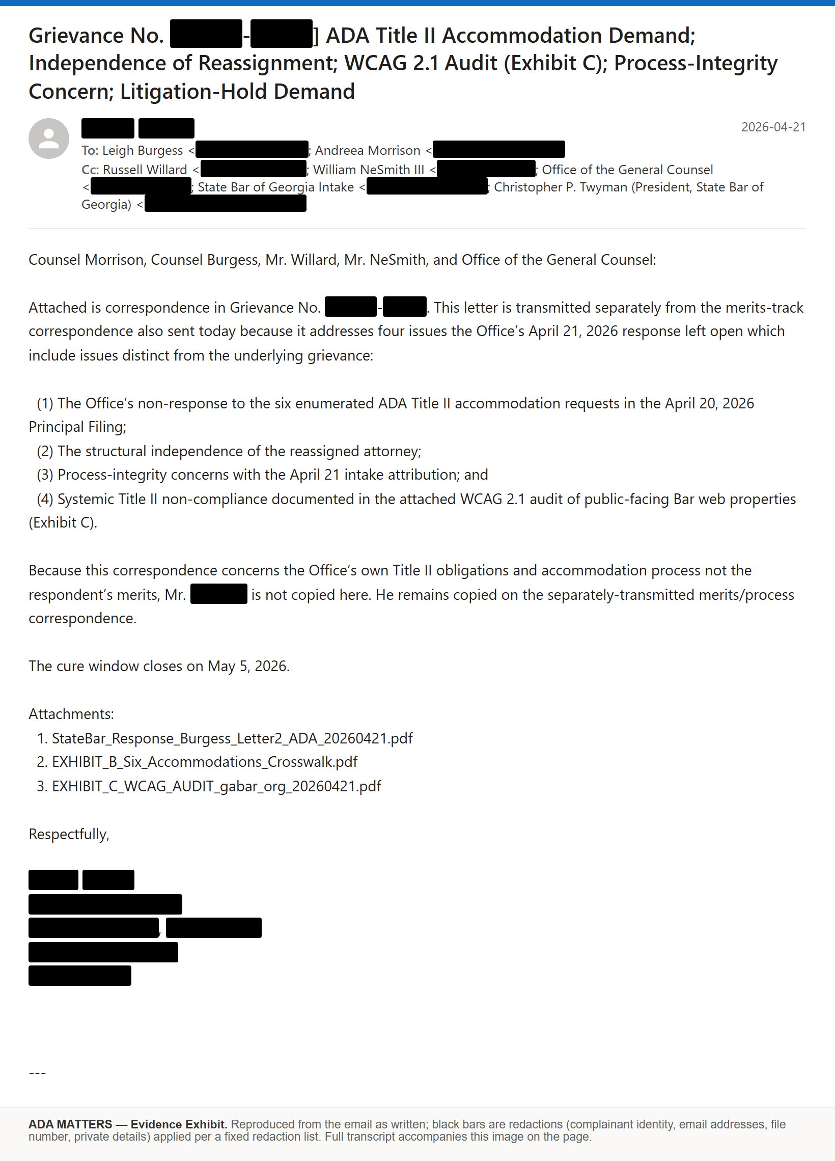 State Bar of Georgia email, sent April 21, 2026: I demanded ADA accommodations and an independent path to file my grievance