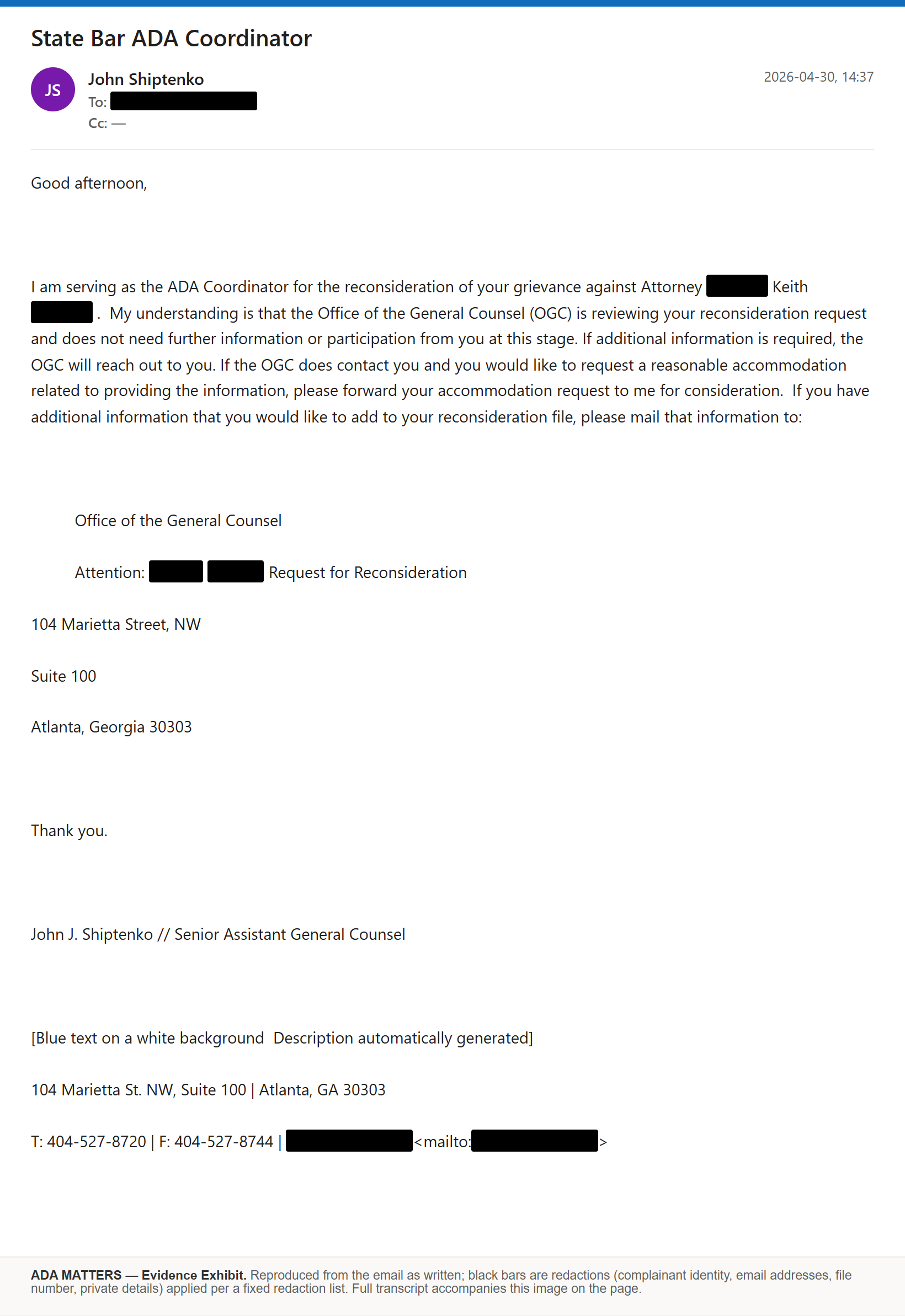 State Bar of Georgia email, received April 30, 2026: The State ADA Coordinator’s office responded