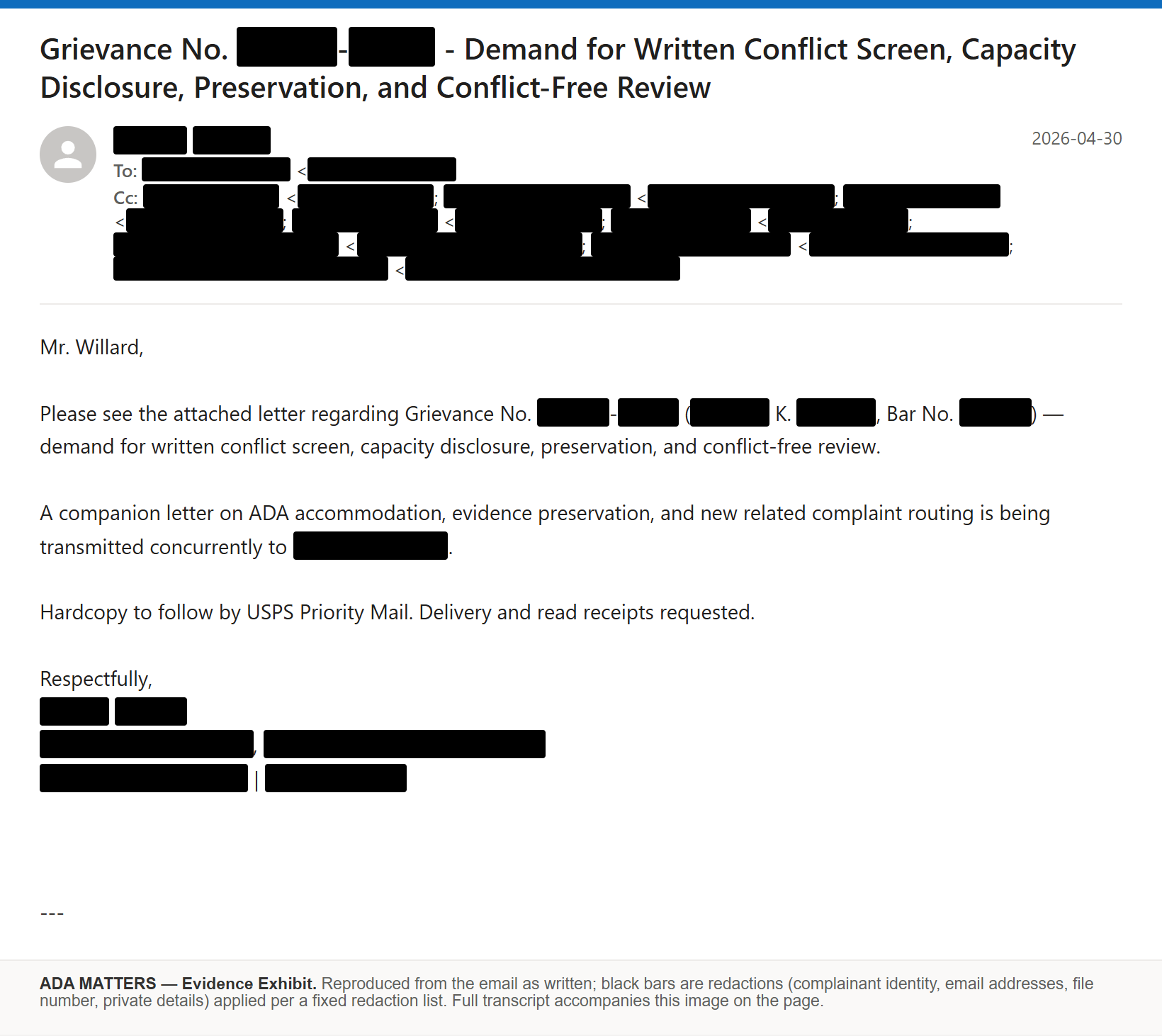 State Bar of Georgia email, sent April 30, 2026: I demanded a written conflict screen and a conflict-free reviewer