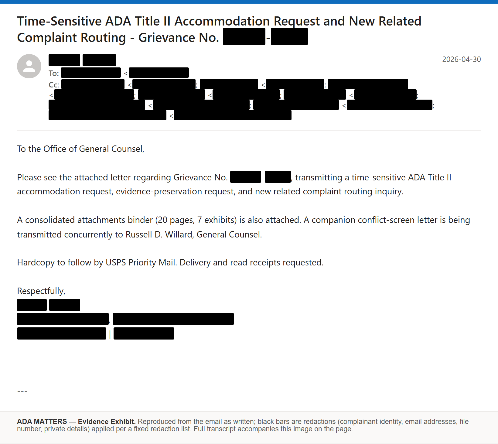 State Bar of Georgia email, sent April 30, 2026: I sent a time-sensitive ADA accommodation request and flagged a new routing problem