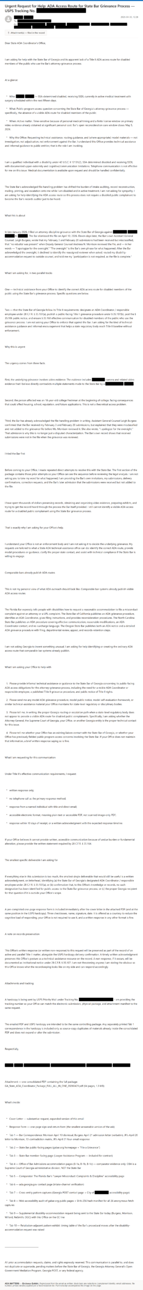 State Bar of Georgia email, sent April 30, 2026: I asked the Bar for help finding an accessible way to file