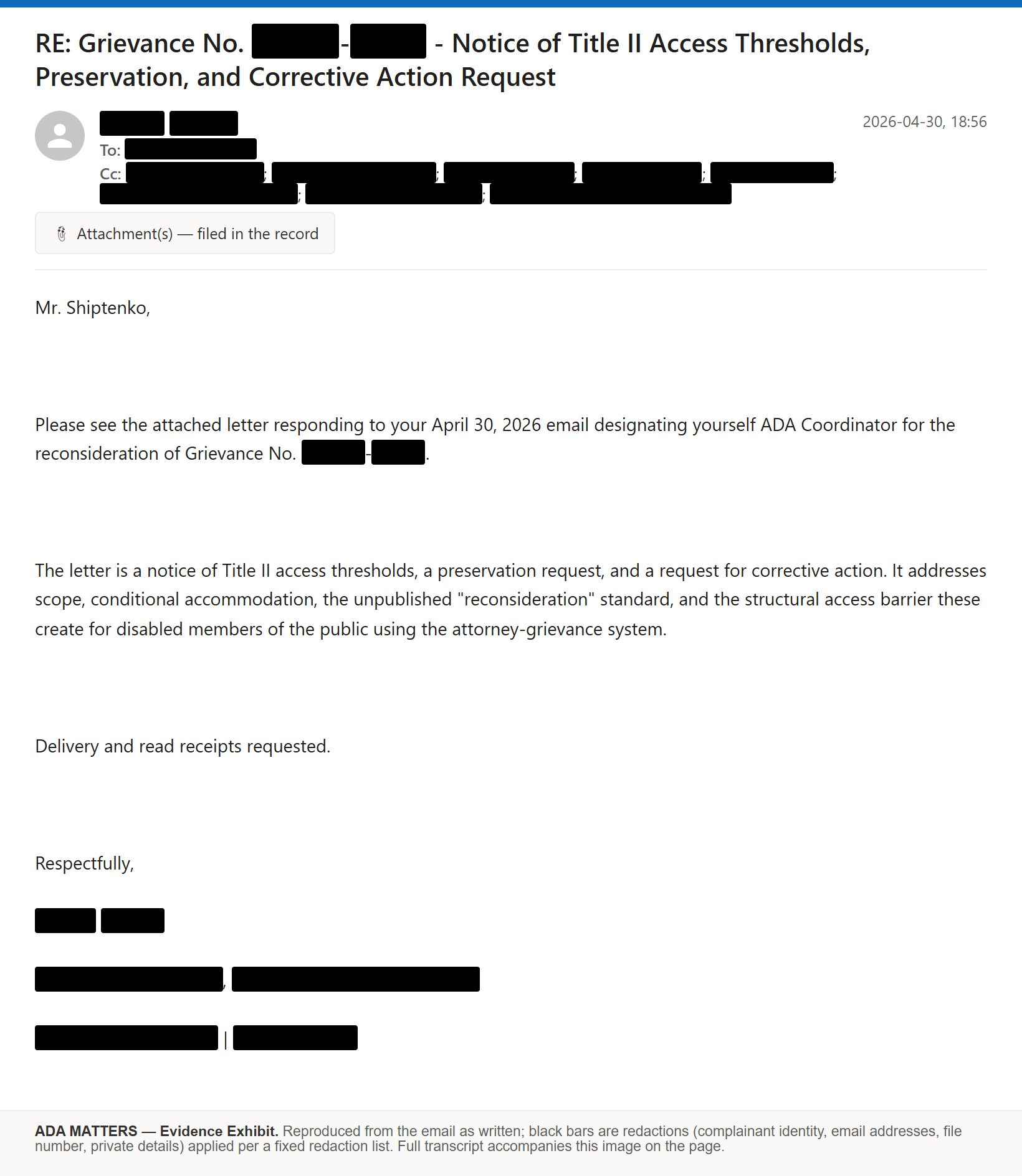 State Bar of Georgia email, sent April 30, 2026: I put the Bar on notice of its ADA Title II duties and asked it to preserve the record