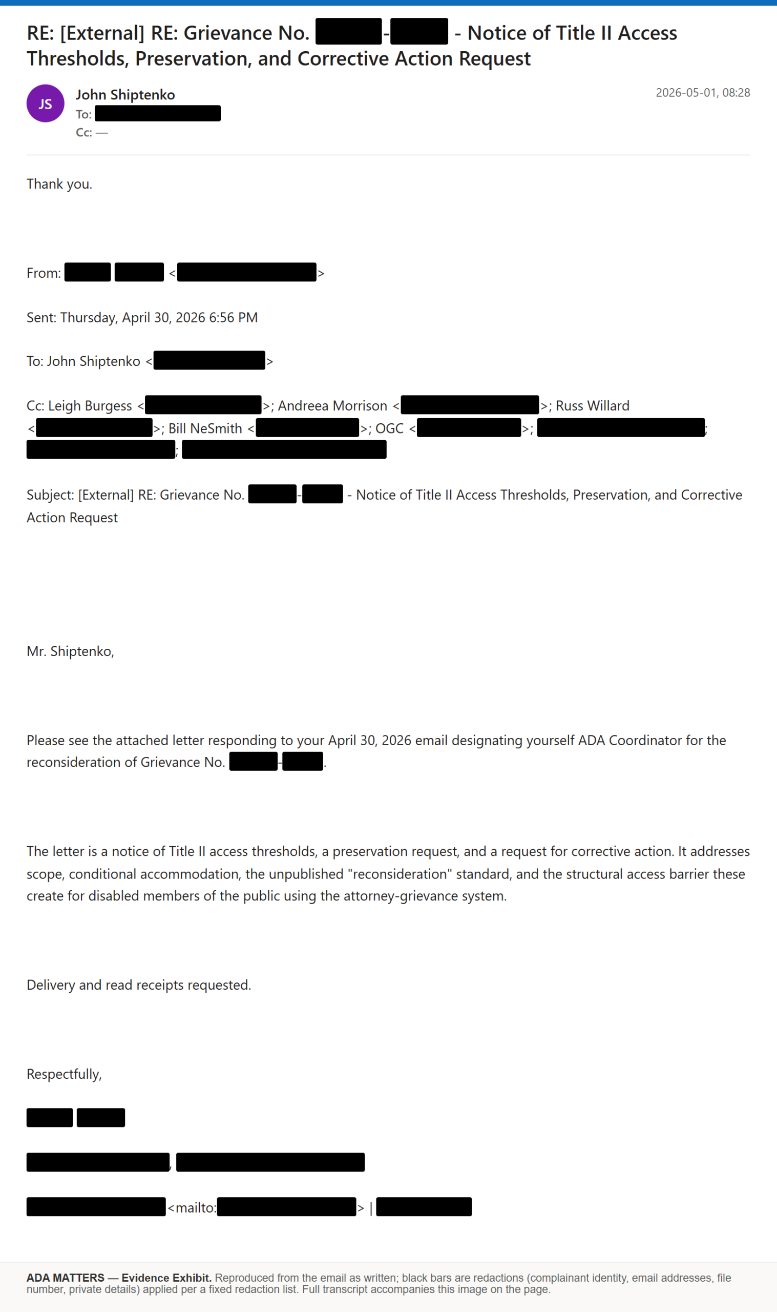 State Bar of Georgia email, received May 1, 2026: The Bar received my Title II preservation notice