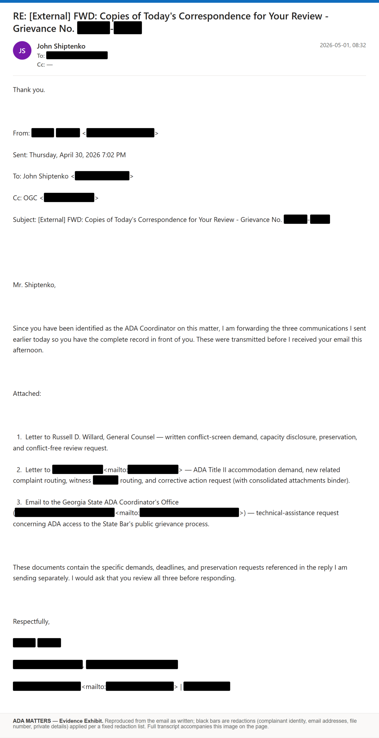 State Bar of Georgia email, received May 1, 2026: The Bar received the day’s correspondence I sent