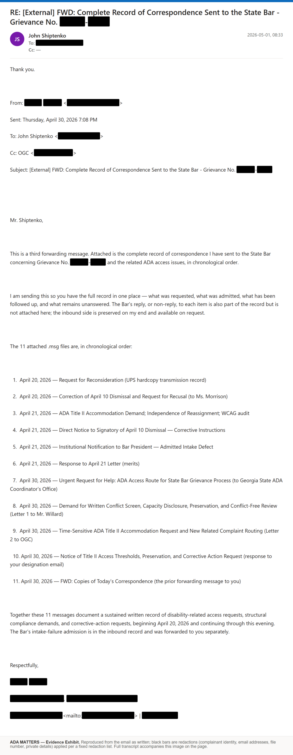 State Bar of Georgia email, received May 1, 2026: The Bar received the complete record I sent