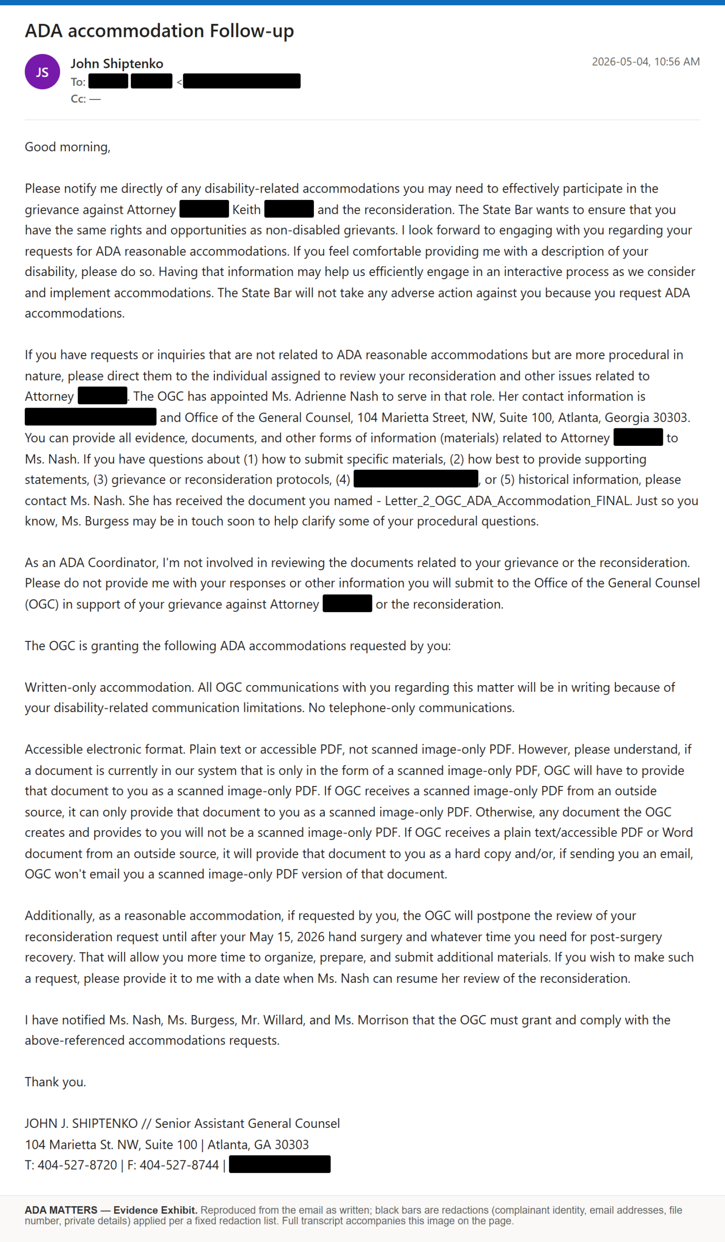 State Bar of Georgia email, received May 4, 2026: The Bar followed up on my accommodation request