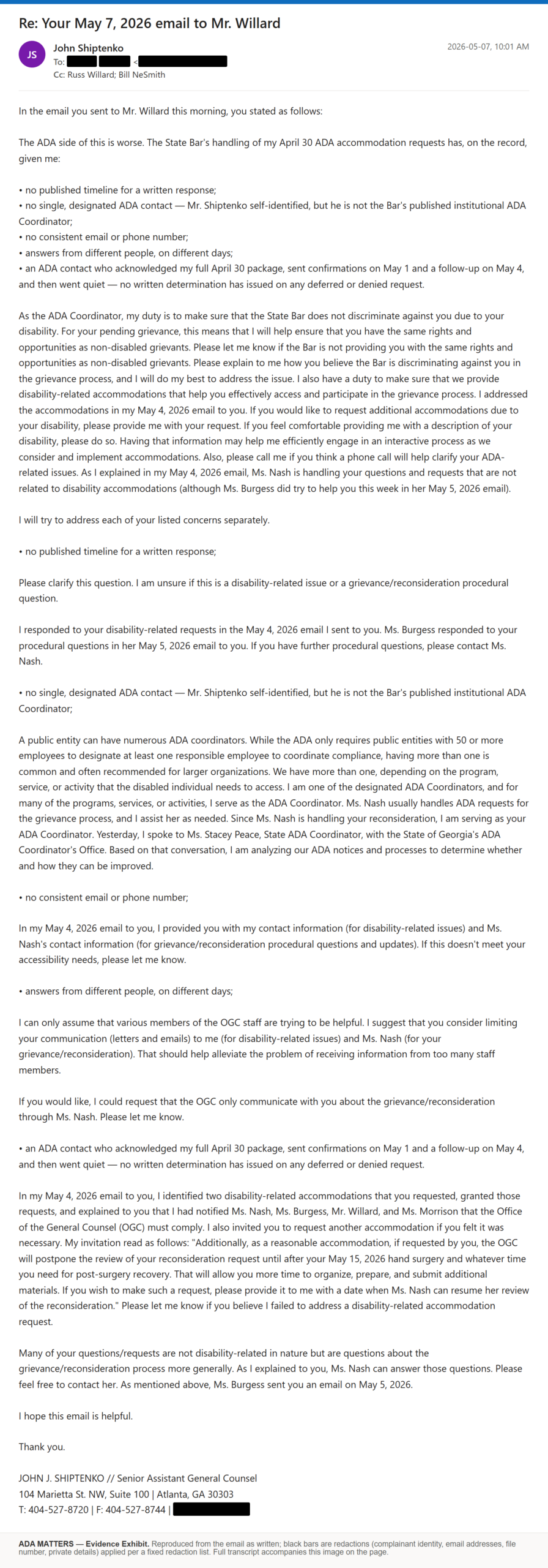 State Bar of Georgia email, received May 7, 2026: The Bar’s General Counsel office responded about the May 7 email