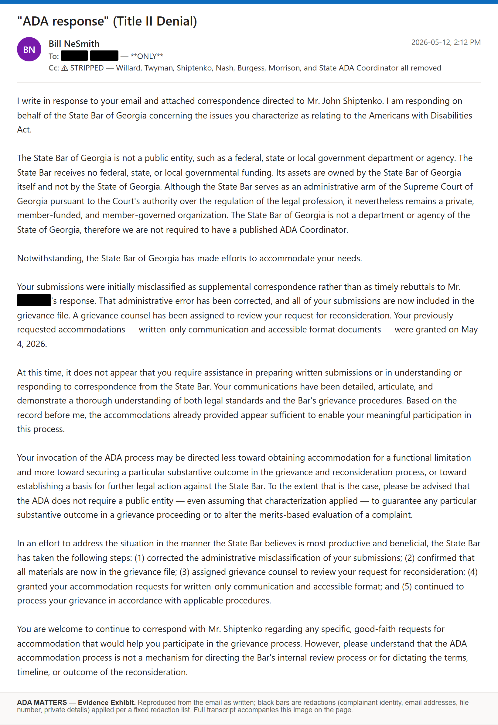 State Bar of Georgia email, received May 12, 2026: The Bar told me it is not a public entity subject to the ADA
