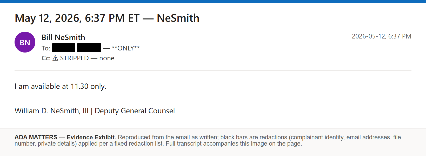 State Bar of Georgia email, received May 12, 2026: The Deputy General Counsel replied on the Bar’s ADA position