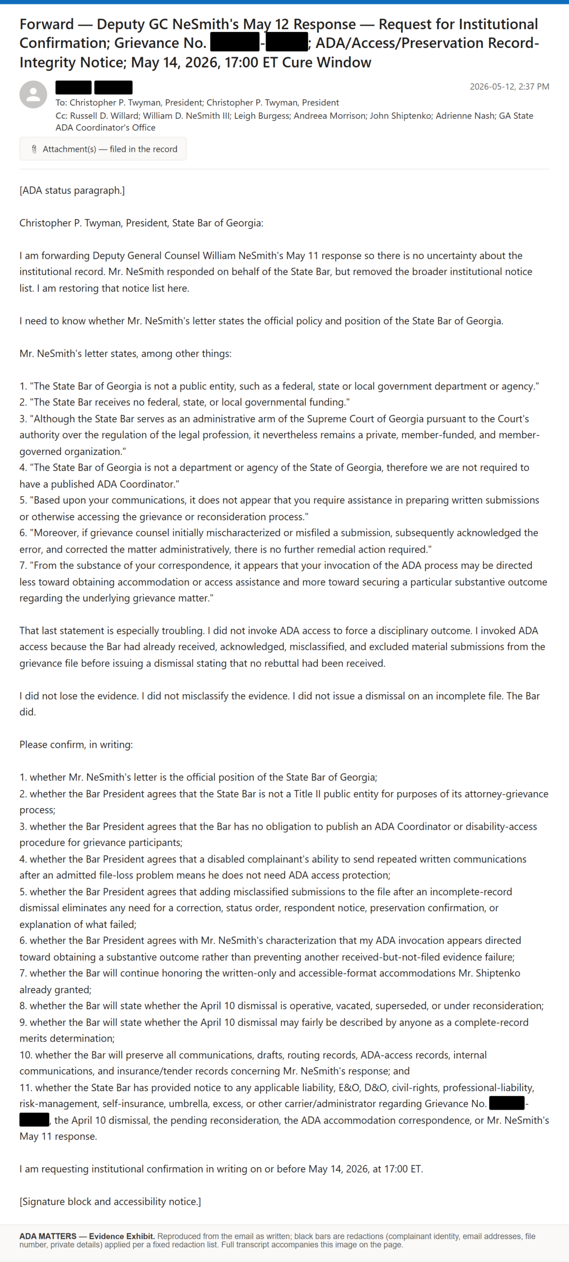 State Bar of Georgia email, sent May 12, 2026: I forwarded the Deputy General Counsel’s ADA denial and asked leadership to confirm the Bar’s position