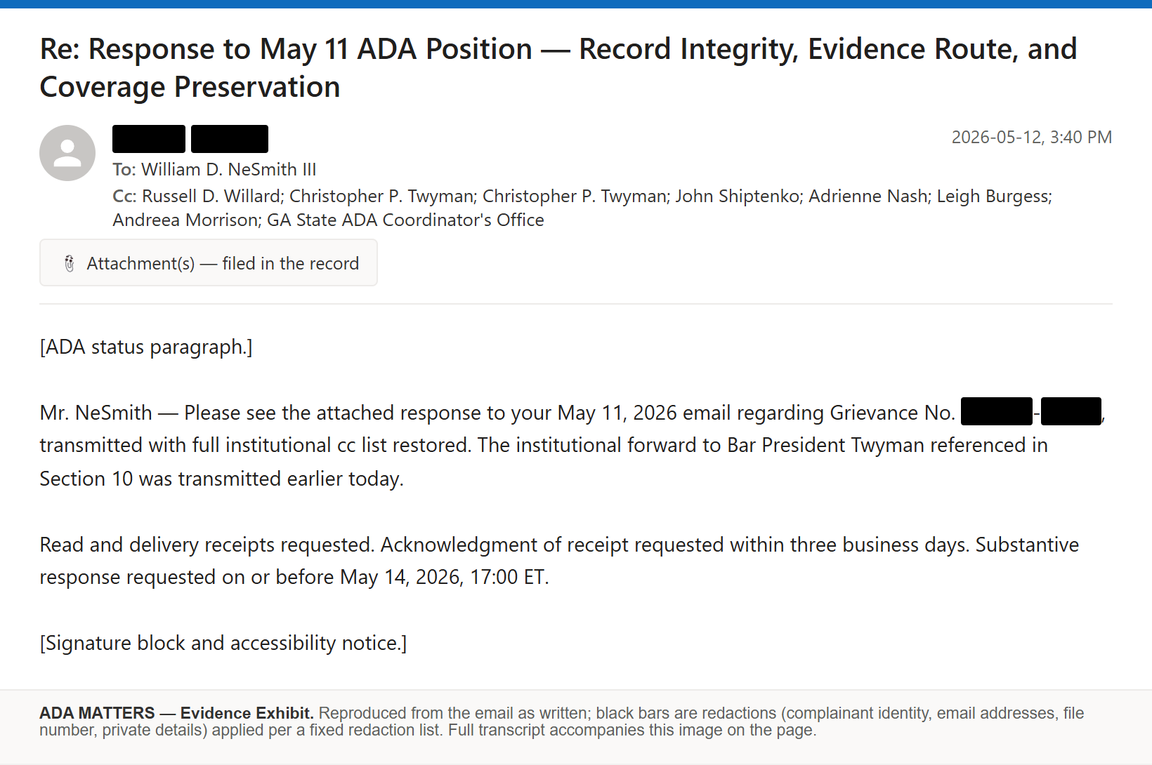 State Bar of Georgia email, sent May 12, 2026: I answered the Bar’s claim that it is not subject to the ADA