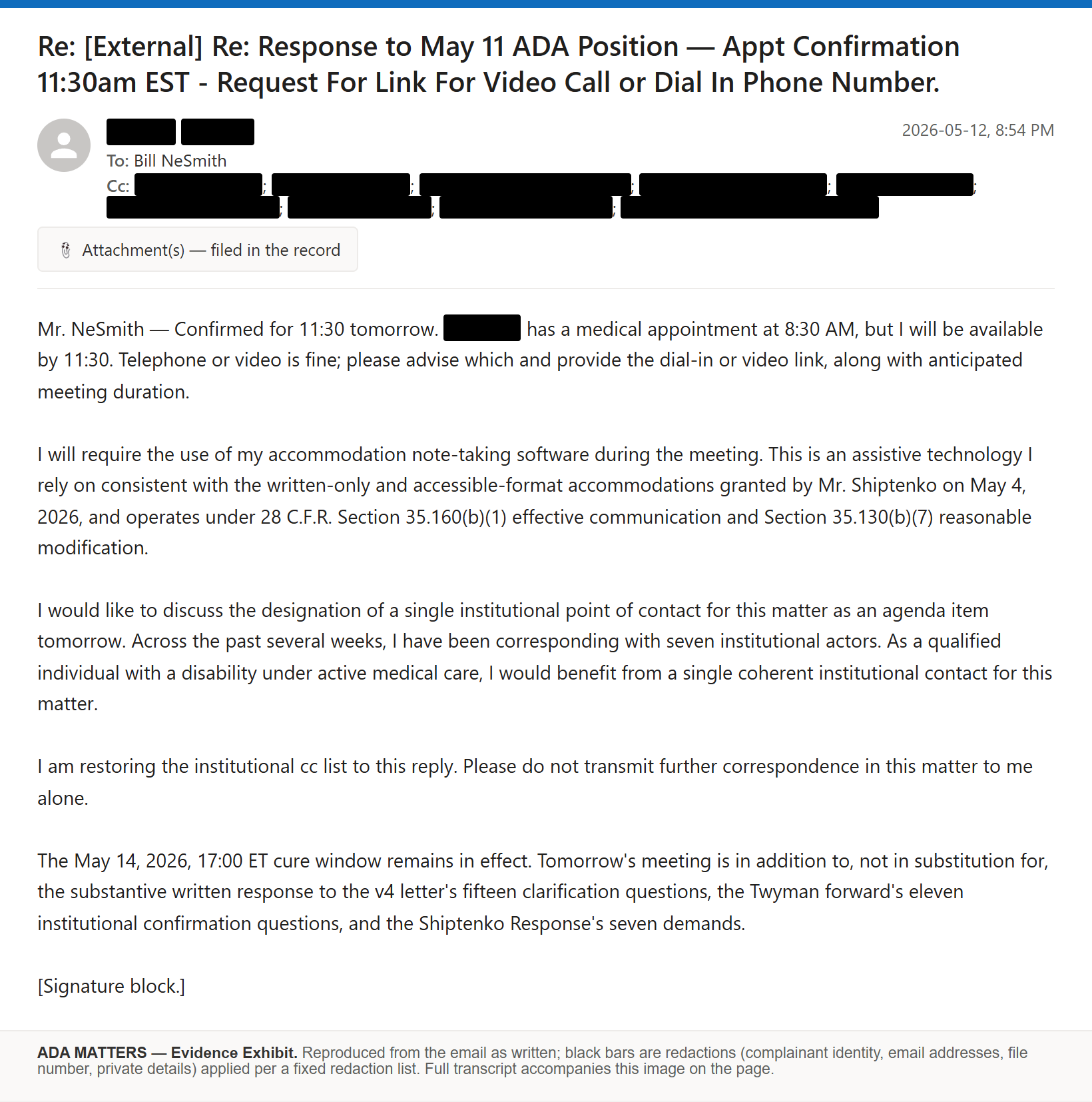 State Bar of Georgia email, sent May 12, 2026: I confirmed the meeting and asked for the access and dial-in details