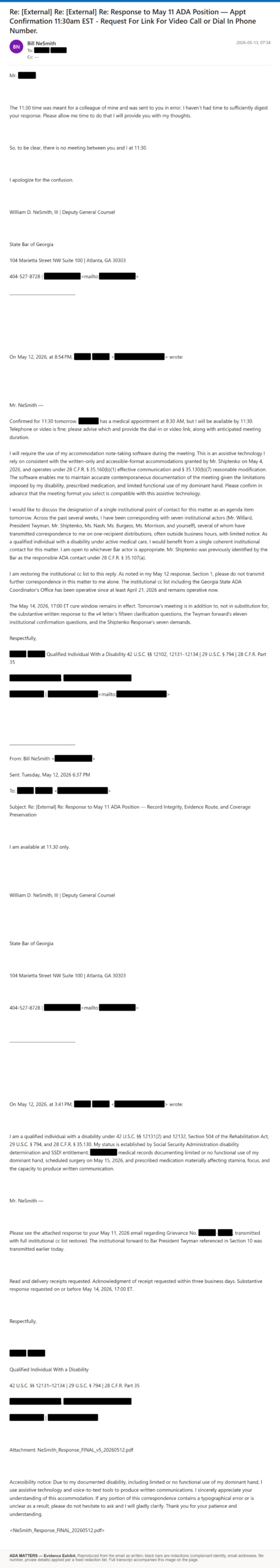 State Bar of Georgia email, received May 13, 2026: The Bar replied about the meeting
