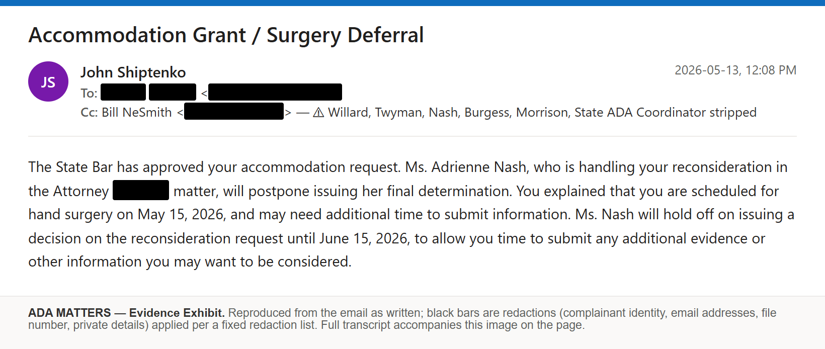 State Bar of Georgia email, received May 13, 2026: The Bar approved my accommodation request