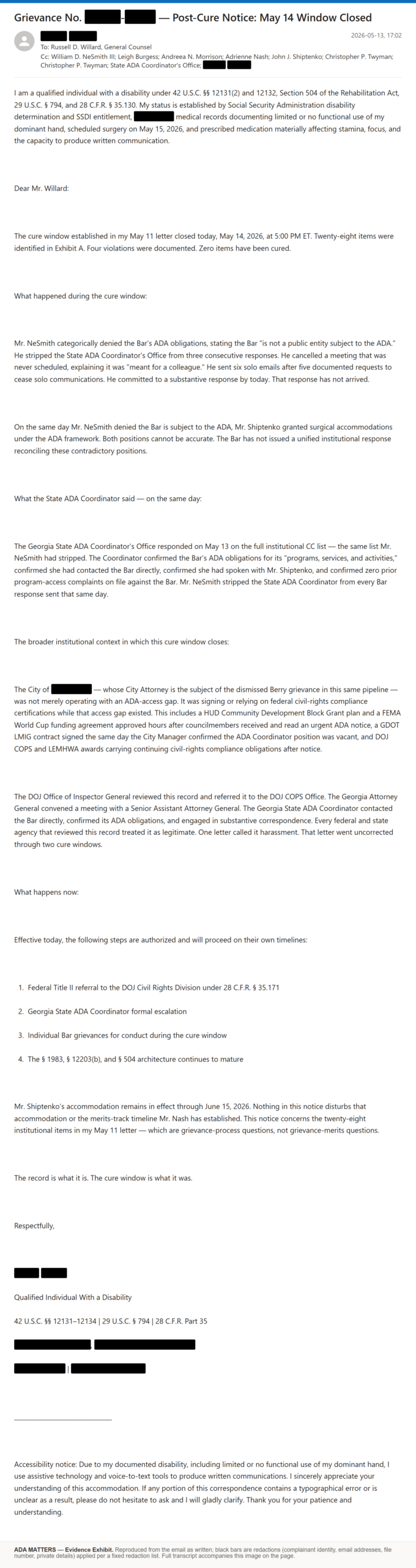State Bar of Georgia email, sent May 13, 2026: I documented the Bar’s own words and its silence after the cure window closed