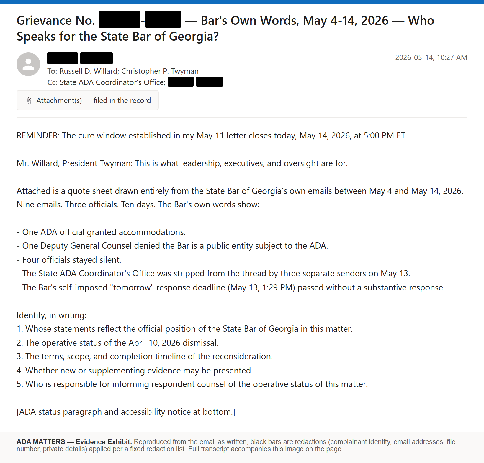 State Bar of Georgia email, sent May 14, 2026: I laid out the Bar’s own contradictory words from May 4 to 14