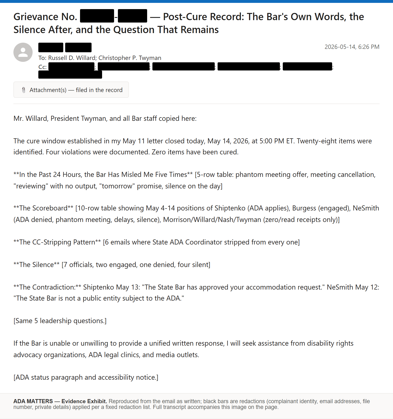 State Bar of Georgia email, sent May 14, 2026: I laid out the Bar’s own contradictory words from May 4 to 14