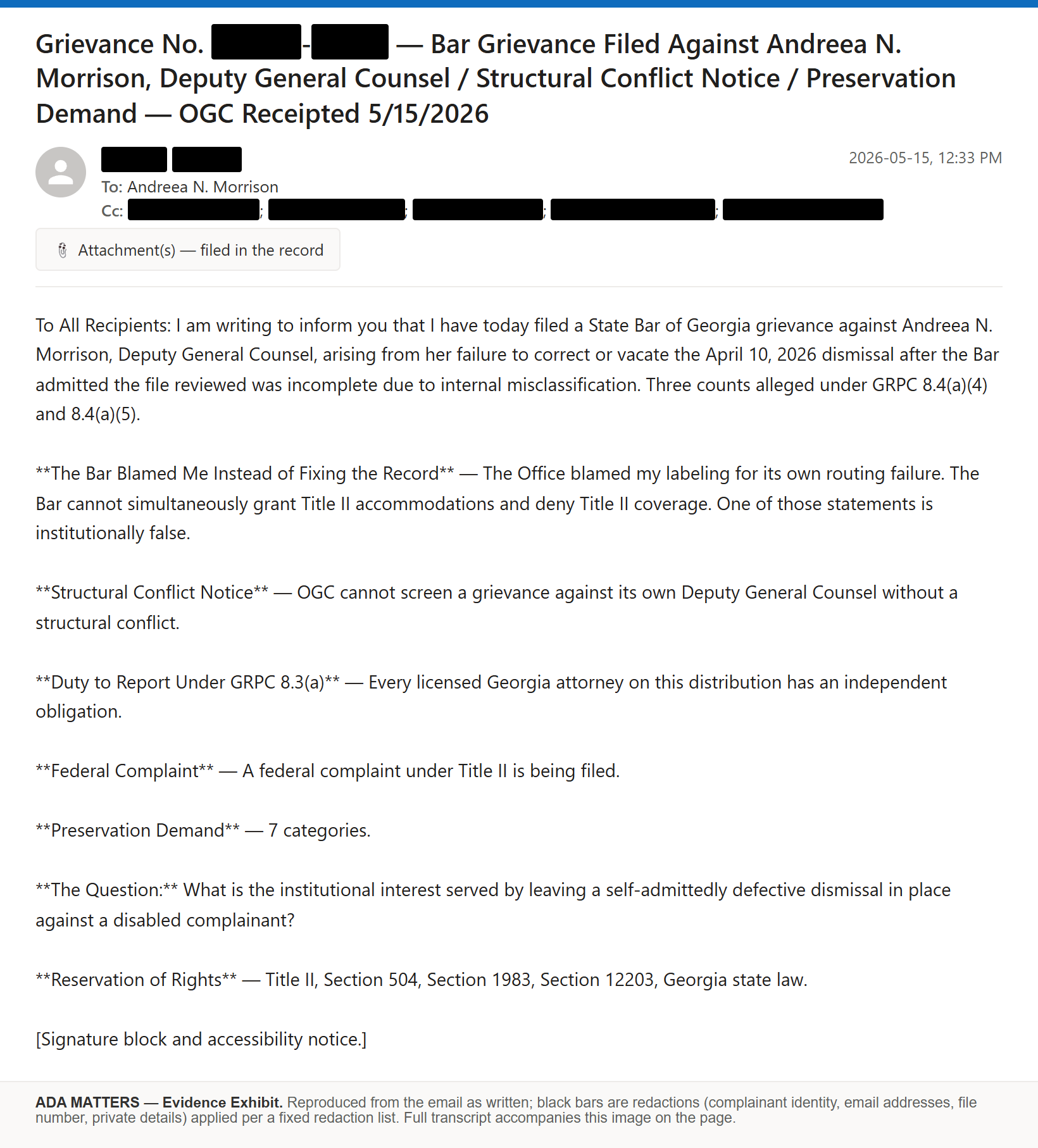 State Bar of Georgia email, sent May 15, 2026: I filed a grievance against Deputy General Counsel Andreea N. Morrison