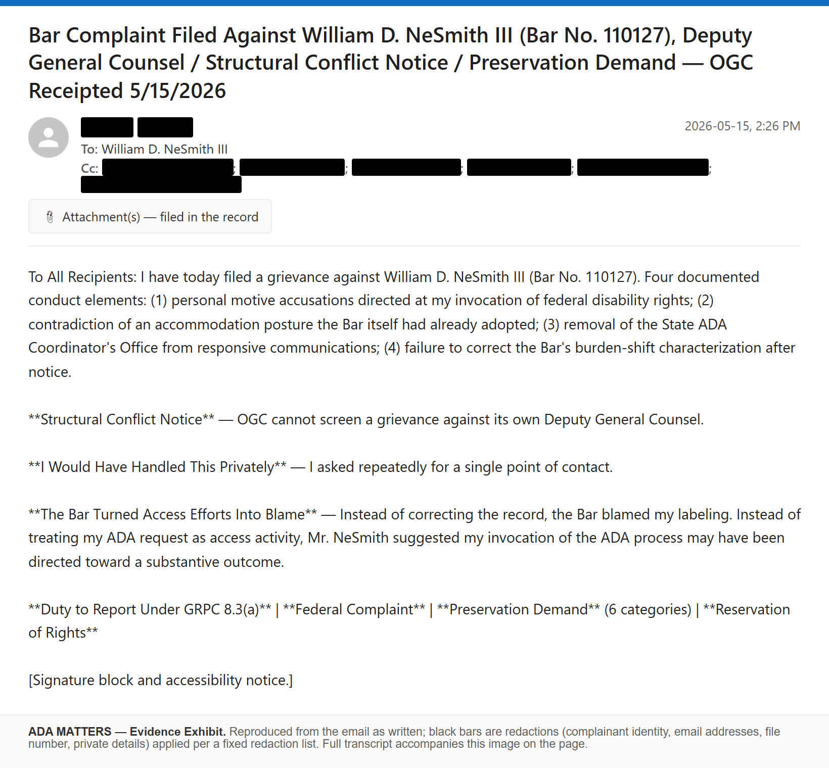 State Bar of Georgia email, sent May 15, 2026: I filed a grievance against Deputy General Counsel William D. NeSmith III