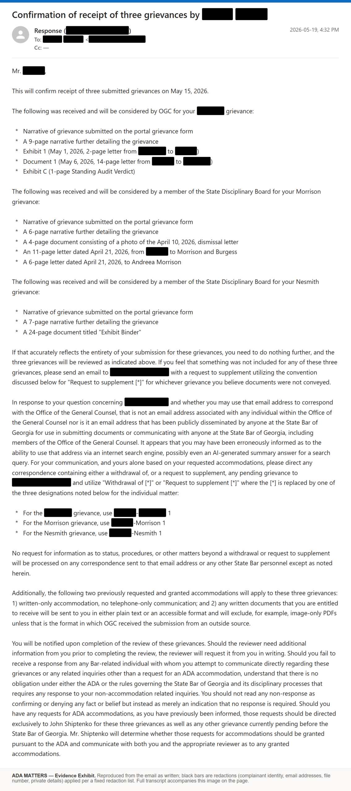 State Bar of Georgia email, received May 19, 2026: The Bar confirmed it received three of my grievances