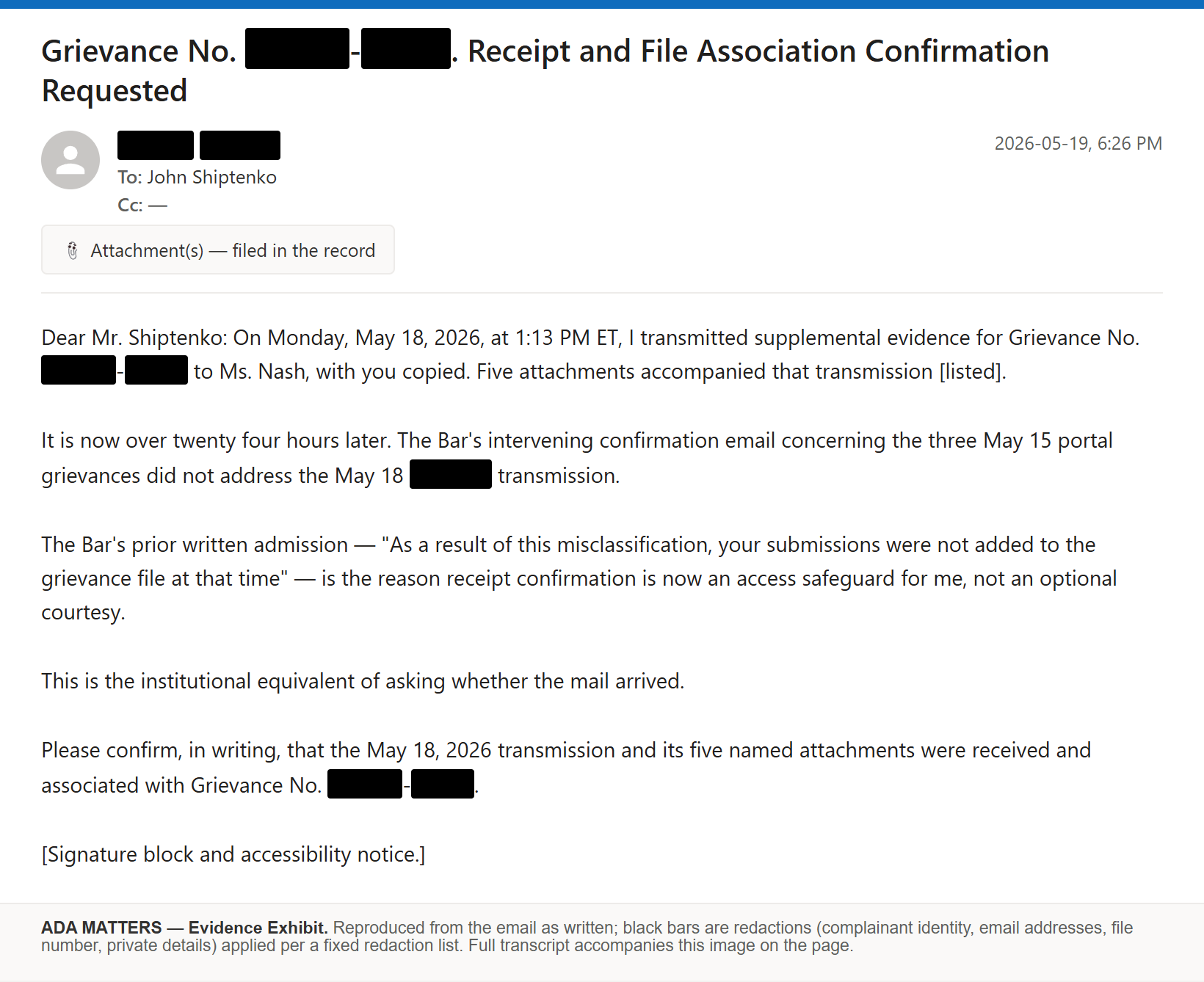 State Bar of Georgia email, sent May 19, 2026: I asked the Bar to confirm my evidence was received and placed in the file