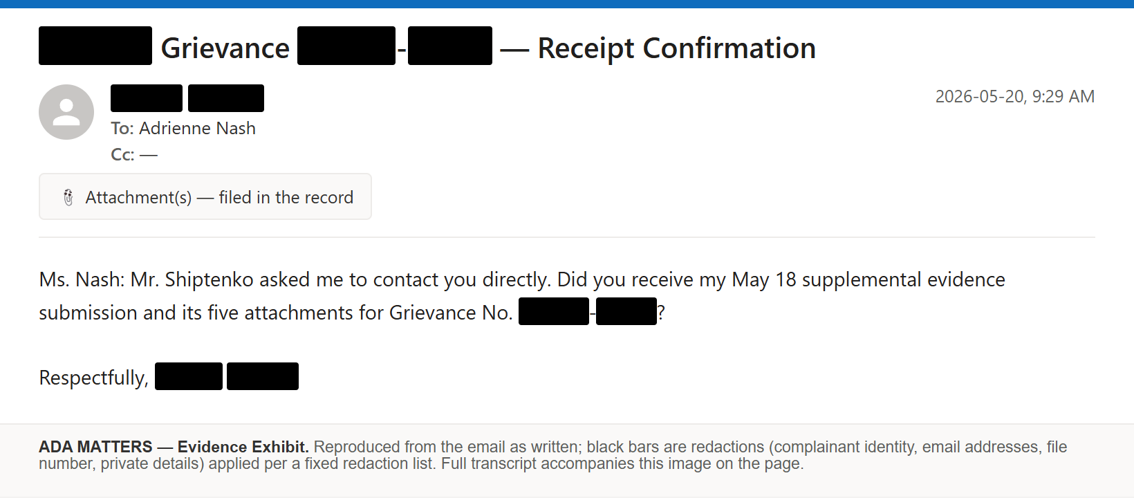State Bar of Georgia email, sent May 20, 2026: I asked the Bar to confirm it received my filing