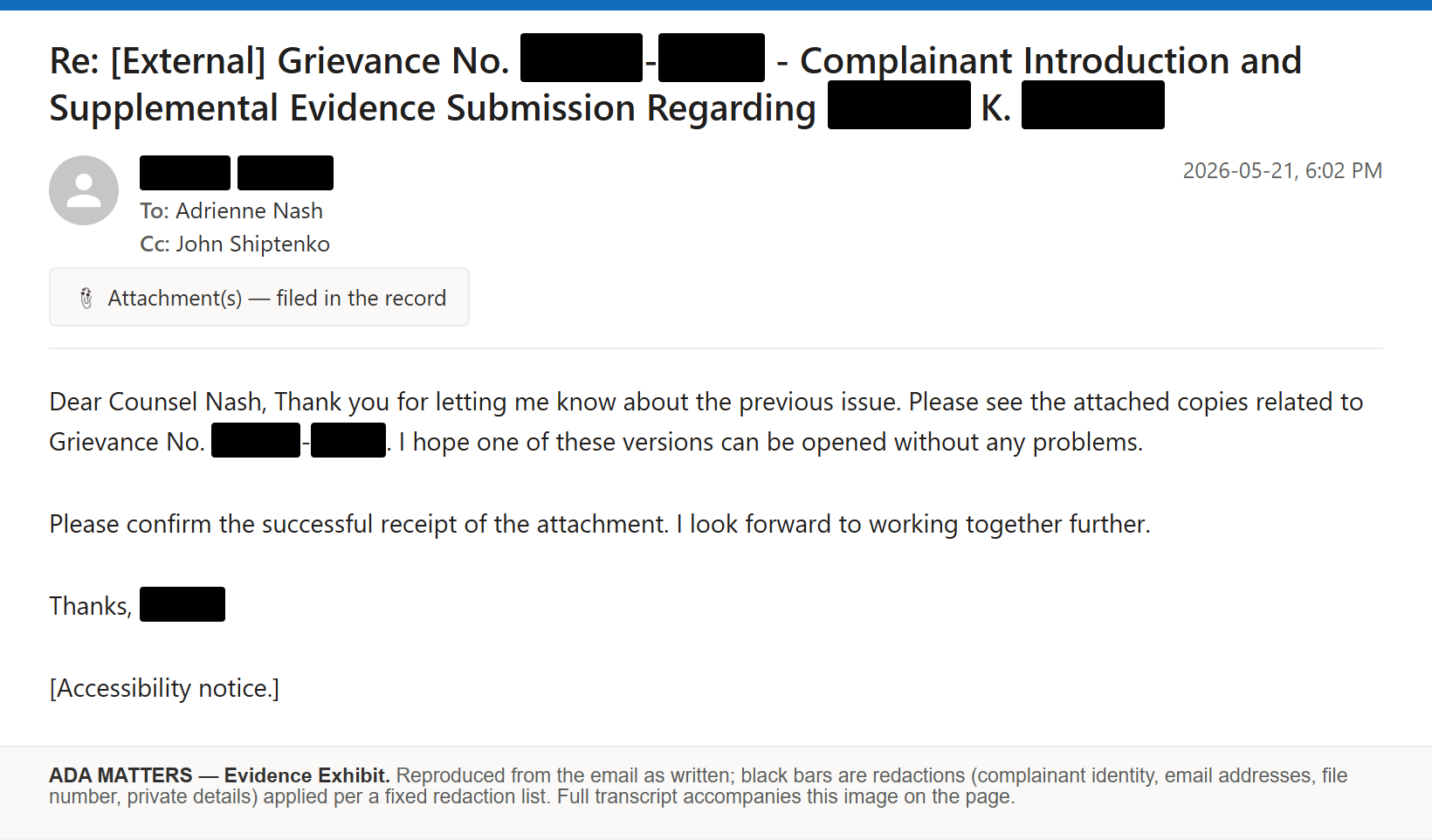 State Bar of Georgia email, sent May 21, 2026: I submitted supplemental evidence for the grievance