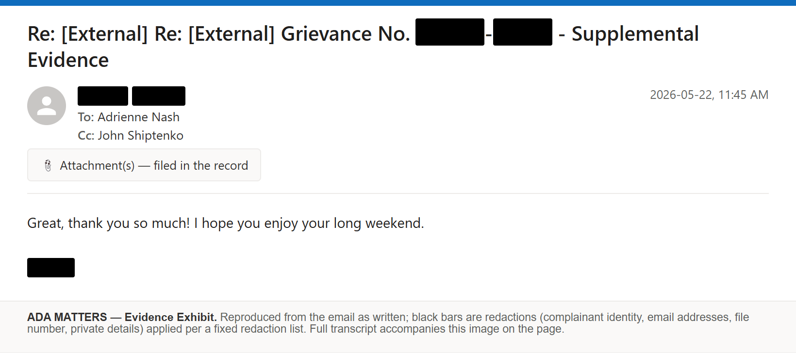 State Bar of Georgia email, sent May 22, 2026: I submitted supplemental evidence for the grievance