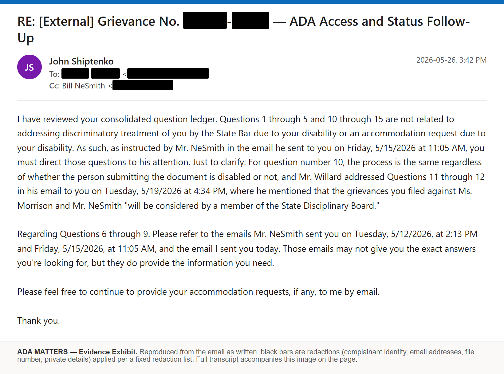 State Bar of Georgia email, received May 26, 2026: The Bar responded on ADA access and status