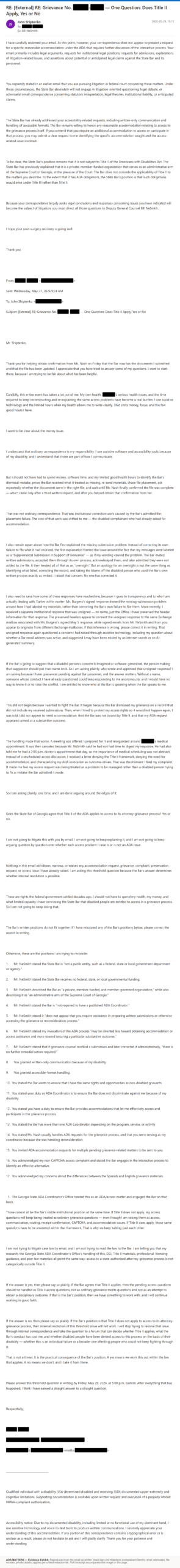 State Bar of Georgia email, received May 29, 2026: The Bar answered my yes-or-no question on ADA Title II