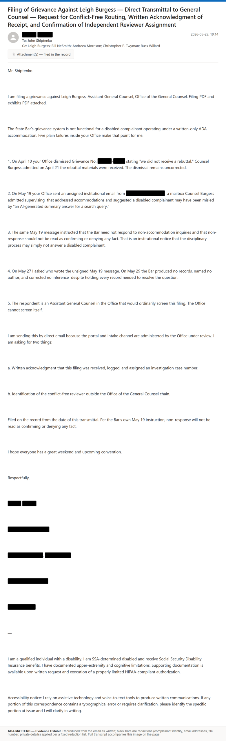 State Bar of Georgia email, sent May 29, 2026: I filed a grievance against Assistant General Counsel Leigh Burgess