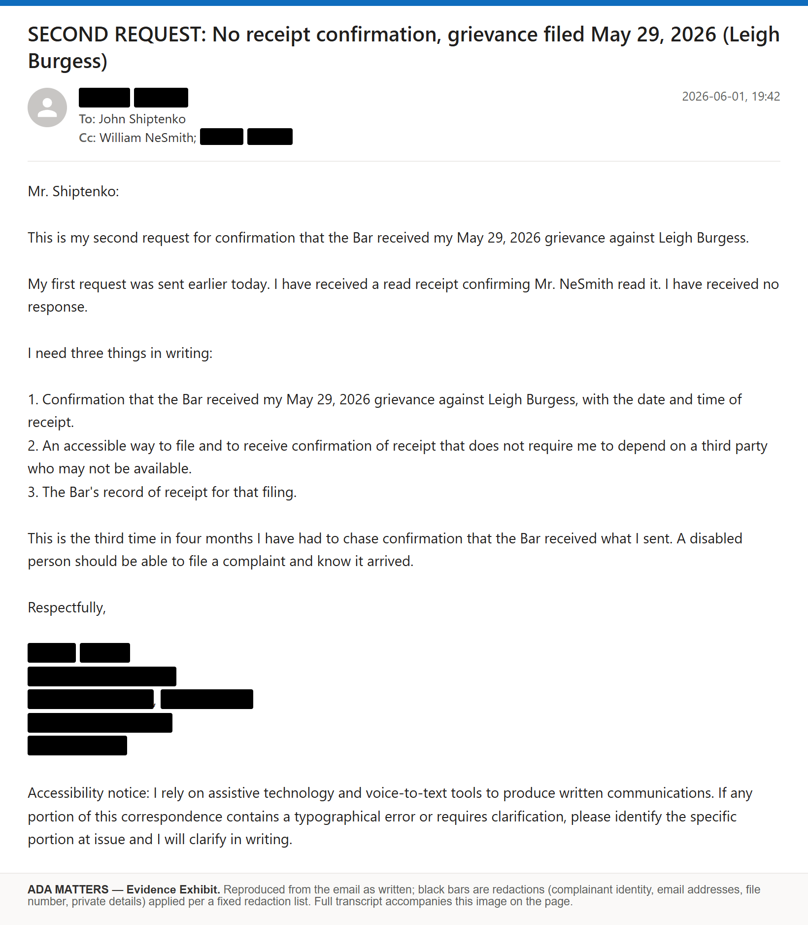 State Bar of Georgia email, sent June 1, 2026: I asked the Bar to confirm it received my filing