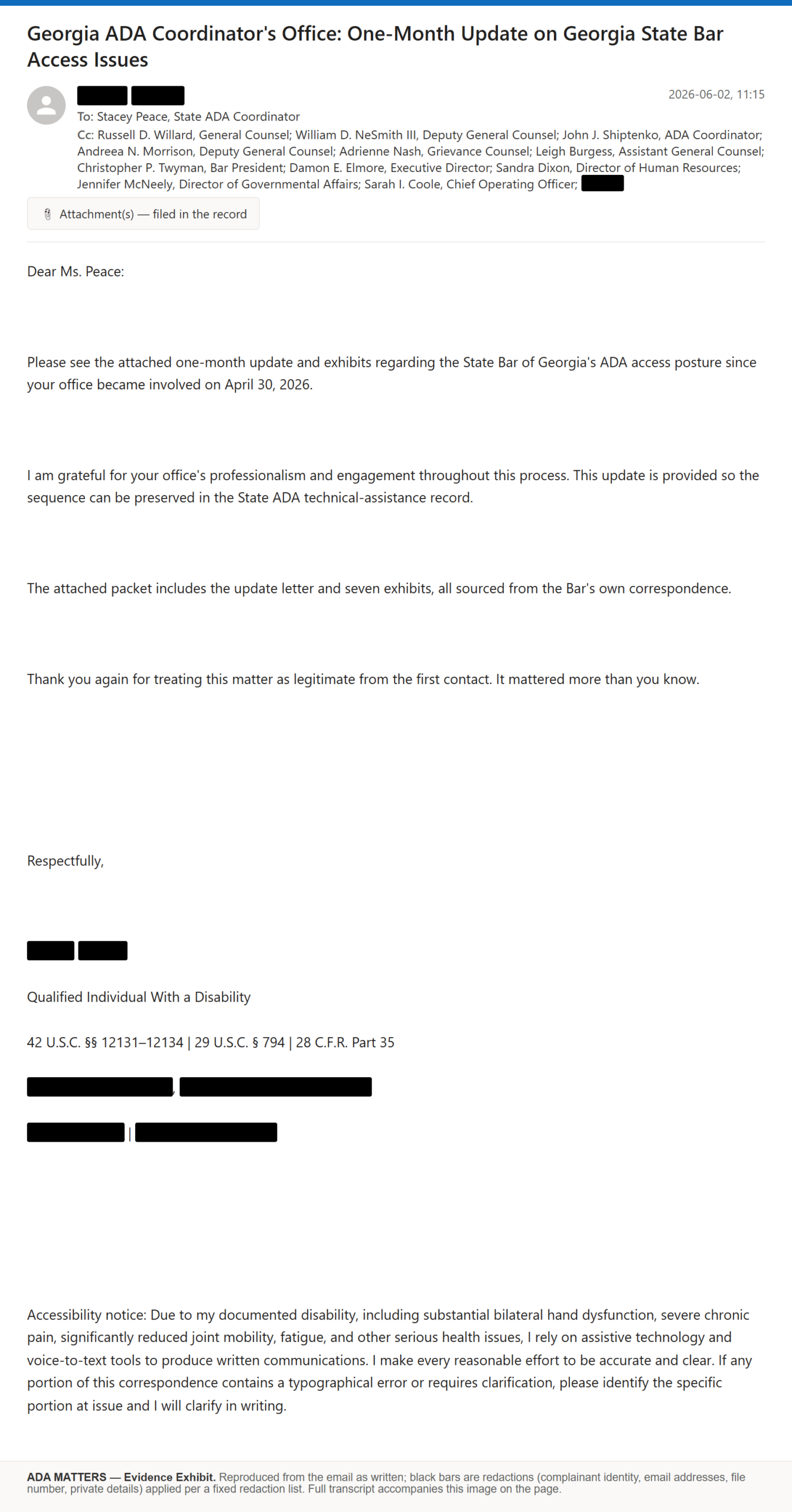 State Bar of Georgia email, sent June 2, 2026: I gave the State ADA Coordinator a one-month update on the Bar’s access failures
