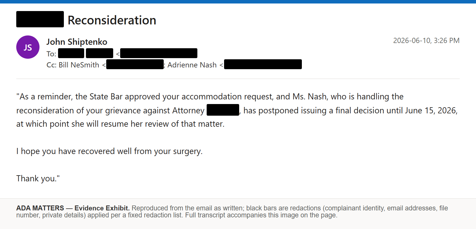 State Bar of Georgia email, received June 10, 2026: The Bar responded on the reconsideration