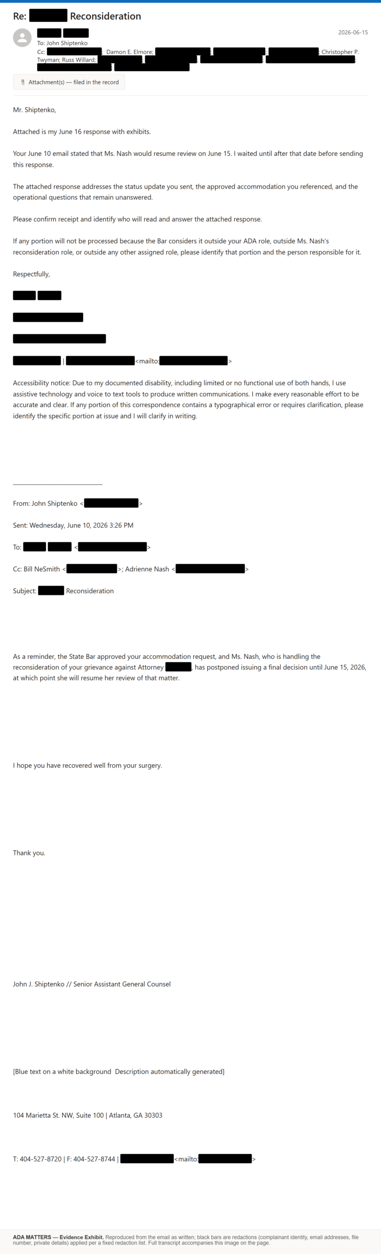 State Bar of Georgia email, sent June 15, 2026: I asked the Bar to reconsider the dismissal