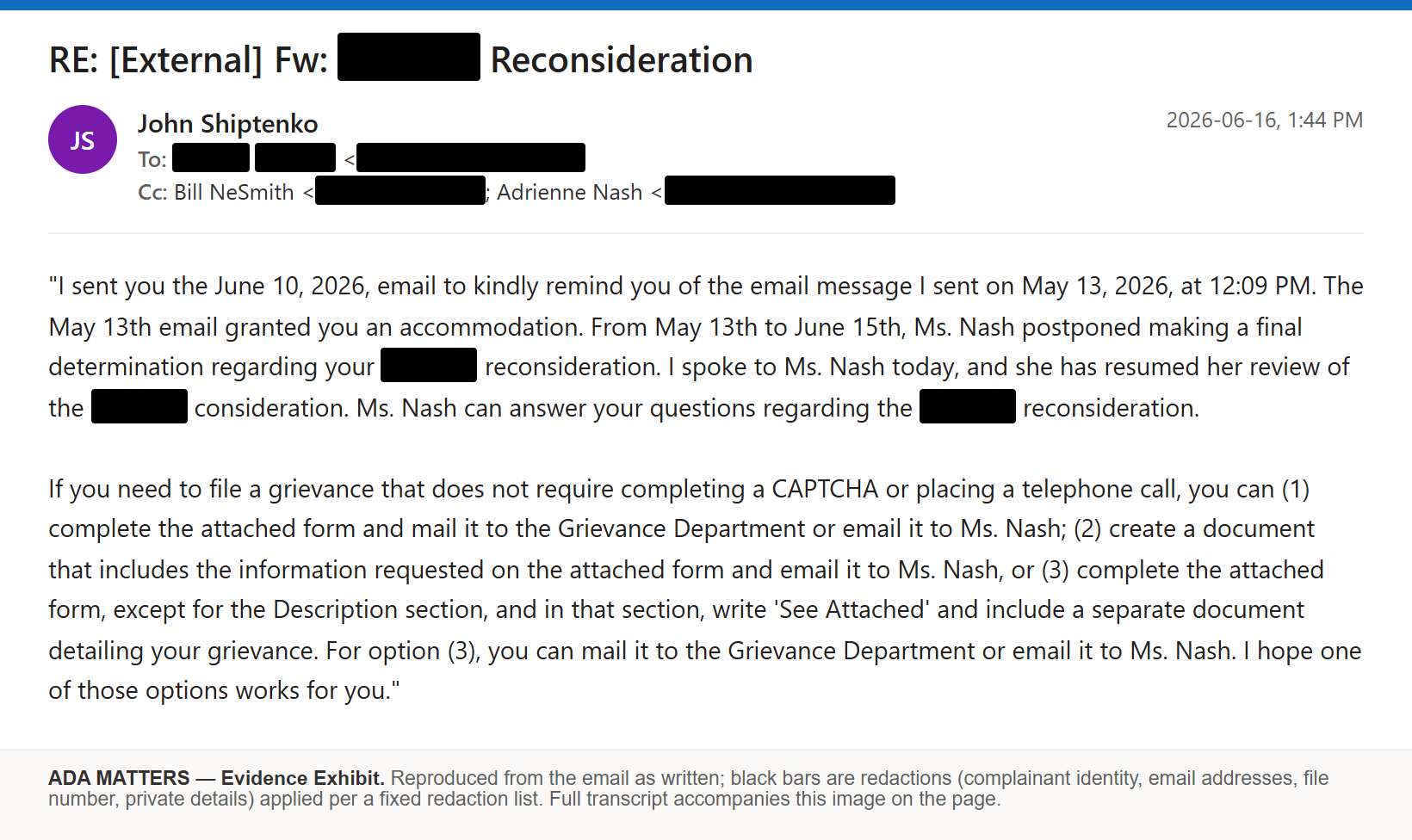 State Bar of Georgia email, received June 16, 2026: The Bar responded on the reconsideration