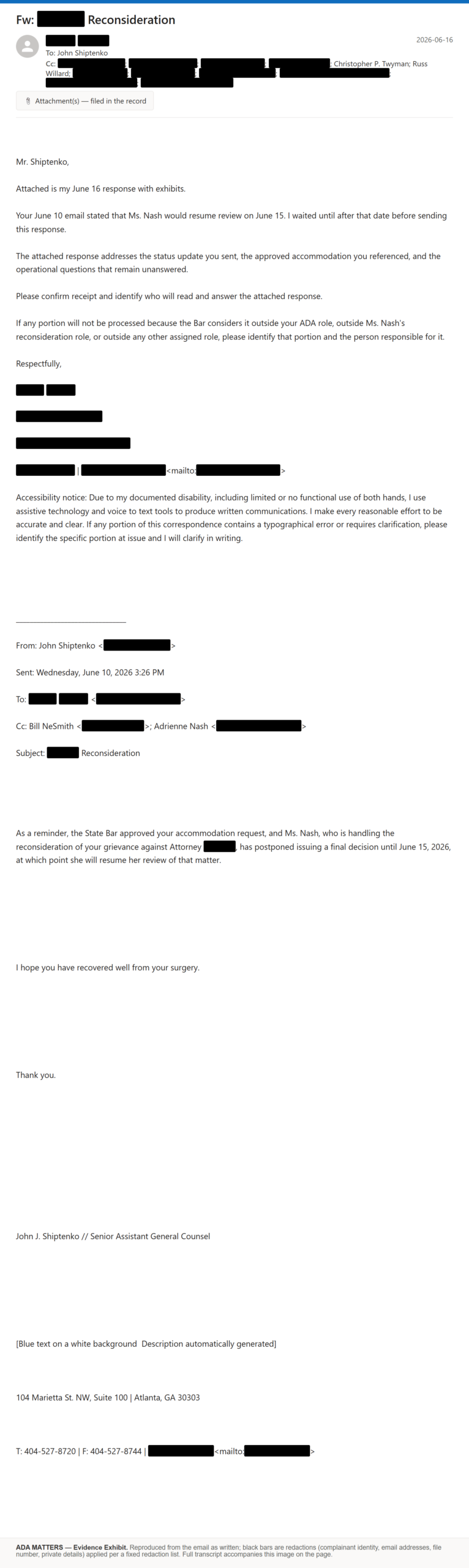 State Bar of Georgia email, sent June 16, 2026: I asked the Bar to reconsider the dismissal