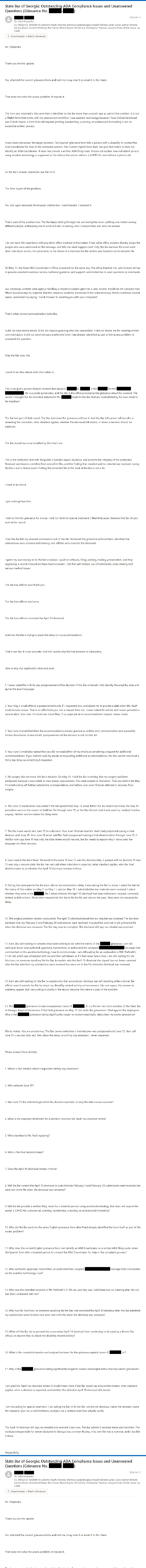 State Bar of Georgia email, sent June 17, 2026: I laid out the Bar’s outstanding ADA compliance issues and unanswered questions