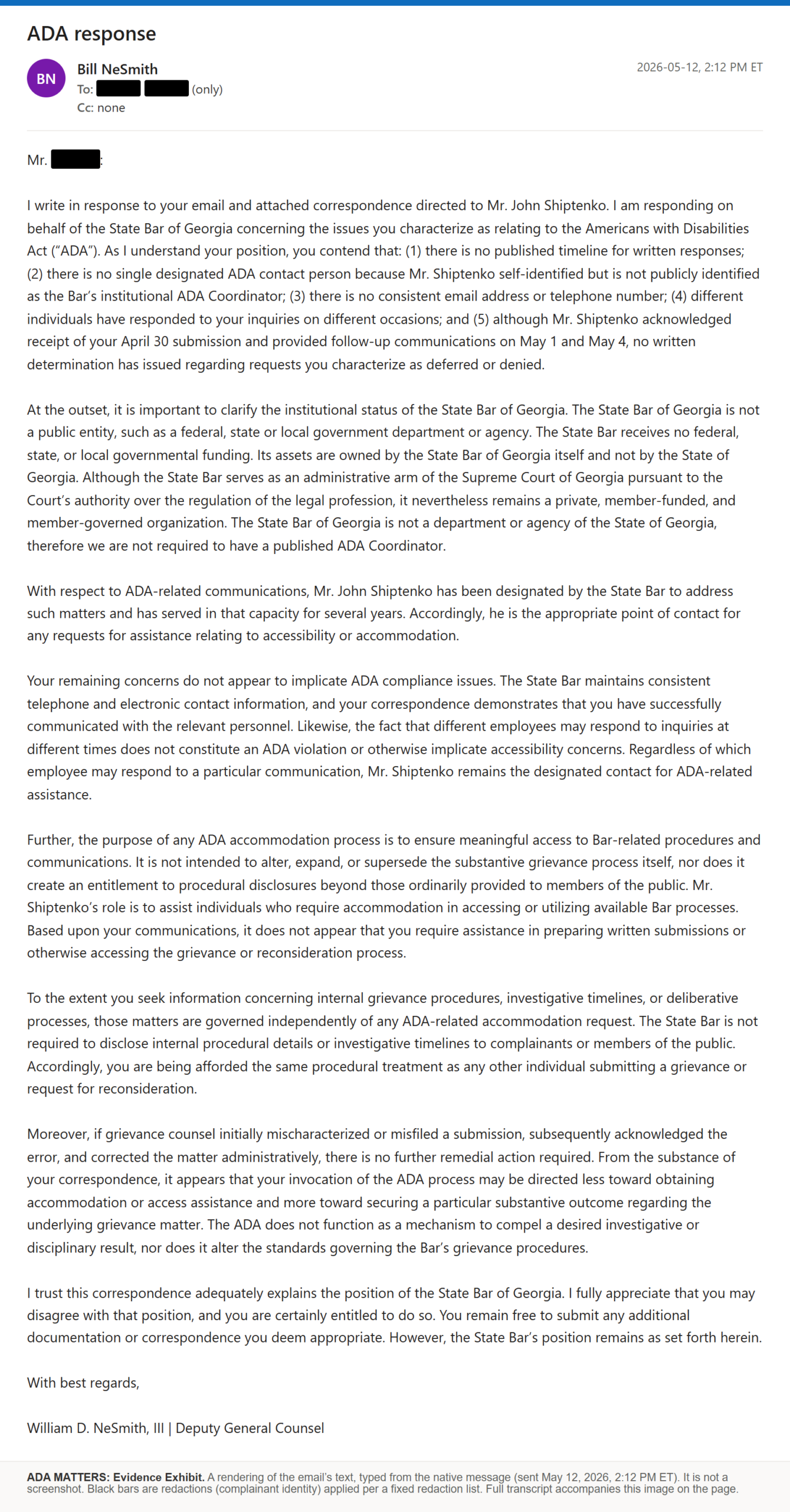 Email from Bill NeSmith, May 12, 2026, 2:12 PM ET, subject ADA response, rendered from the native message