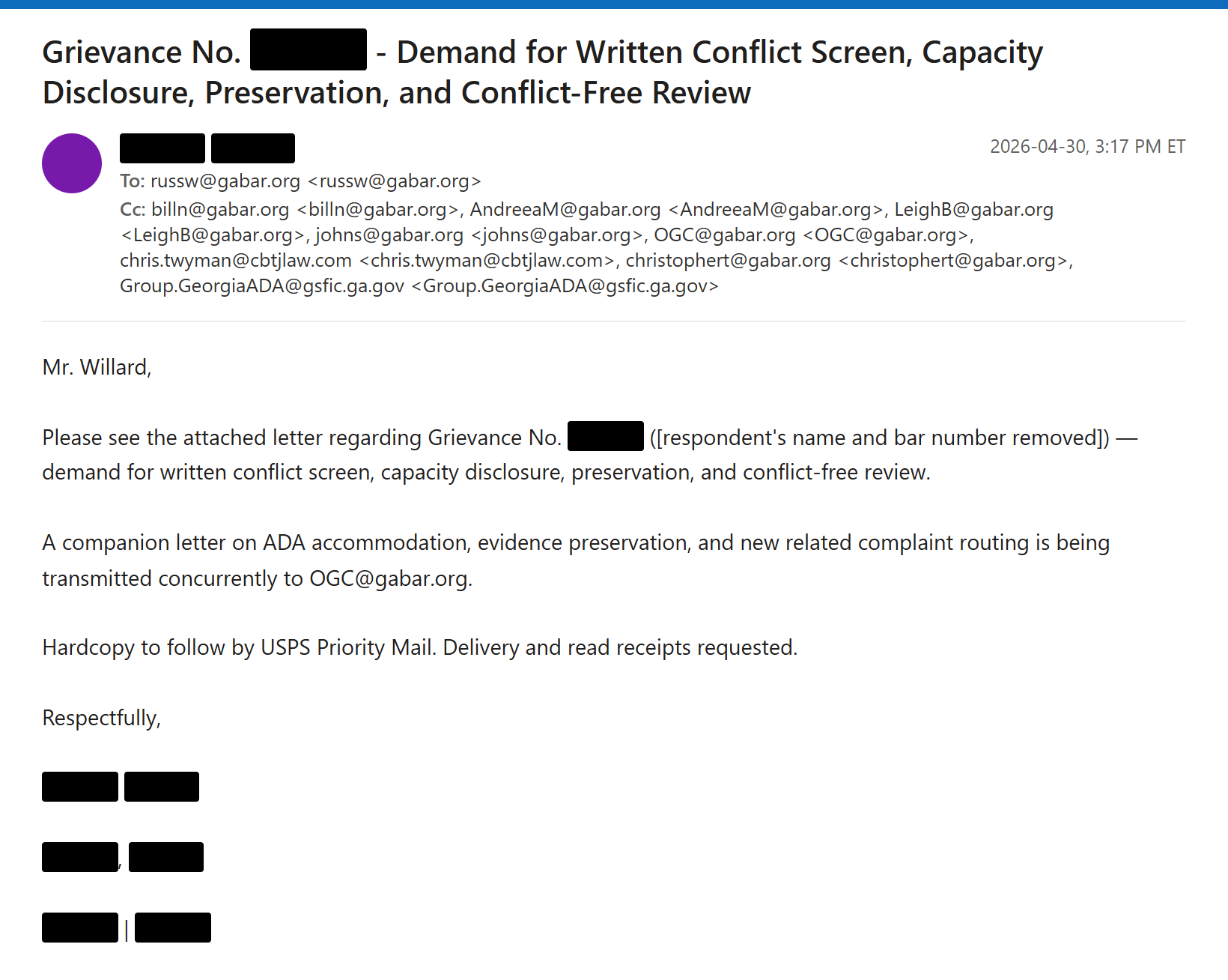 State Bar of Georgia email, sent April 30, 2026: I demanded a written conflict screen and a conflict-free reviewer