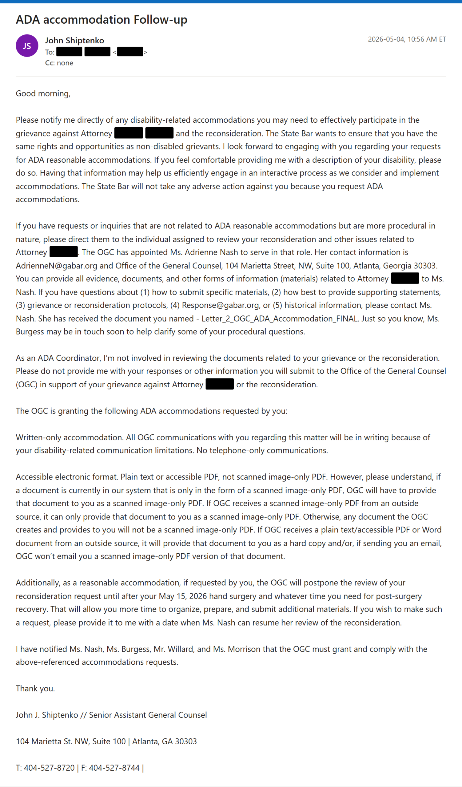 Email from John J. Shiptenko, State Bar of Georgia, May 4, 2026, 10:56 AM ET, subject ADA accommodation Follow-up, typed from the original message