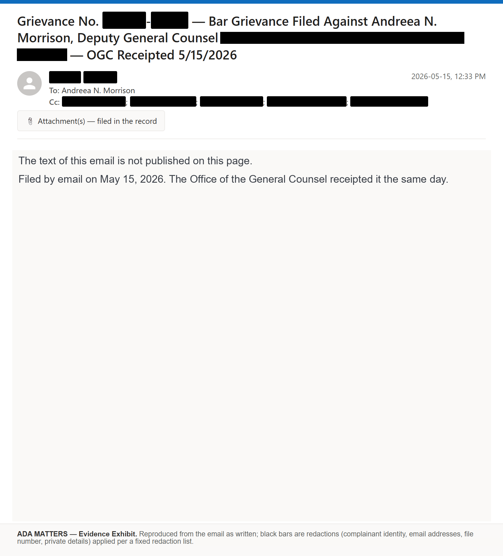 Redacted State Bar of Georgia email, sent 2026-05-15, receipted by the Office of the General Counsel the same day