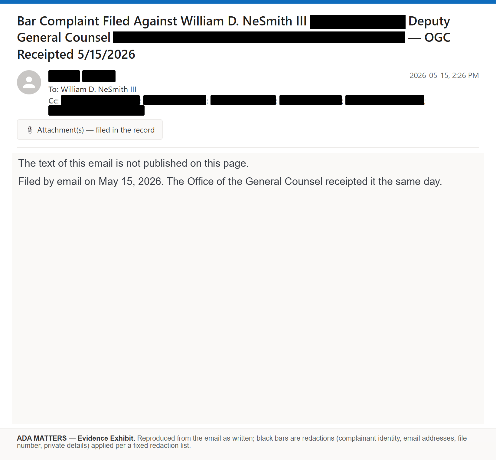 Redacted State Bar of Georgia email, sent 2026-05-15, receipted by the Office of the General Counsel the same day