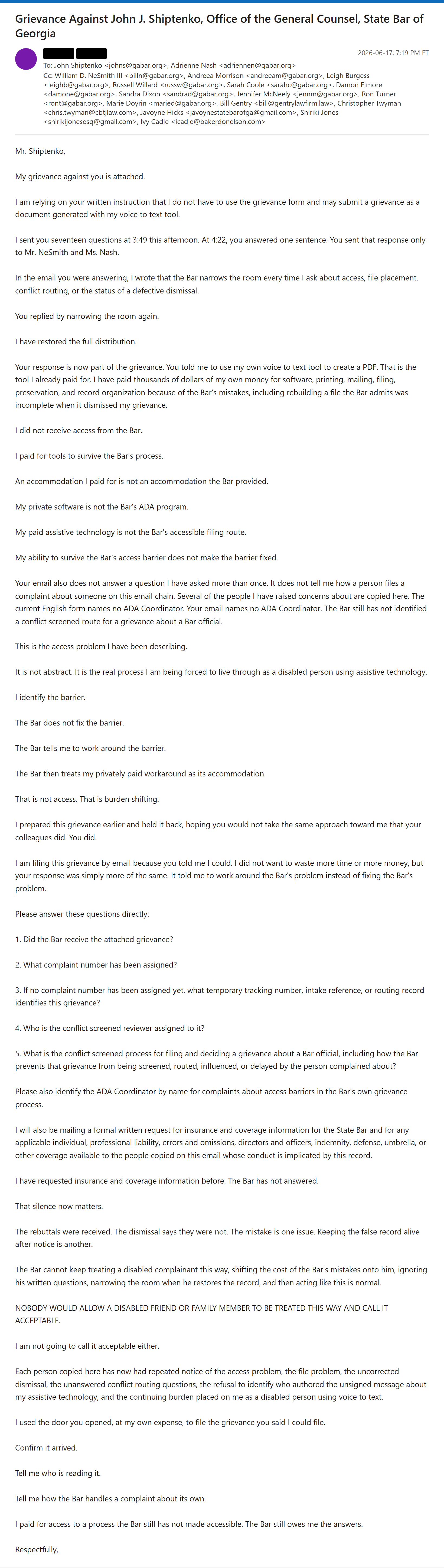 State Bar of Georgia email, sent June 17, 2026: I filed a grievance against the Bar’s ADA contact, John J. Shiptenko